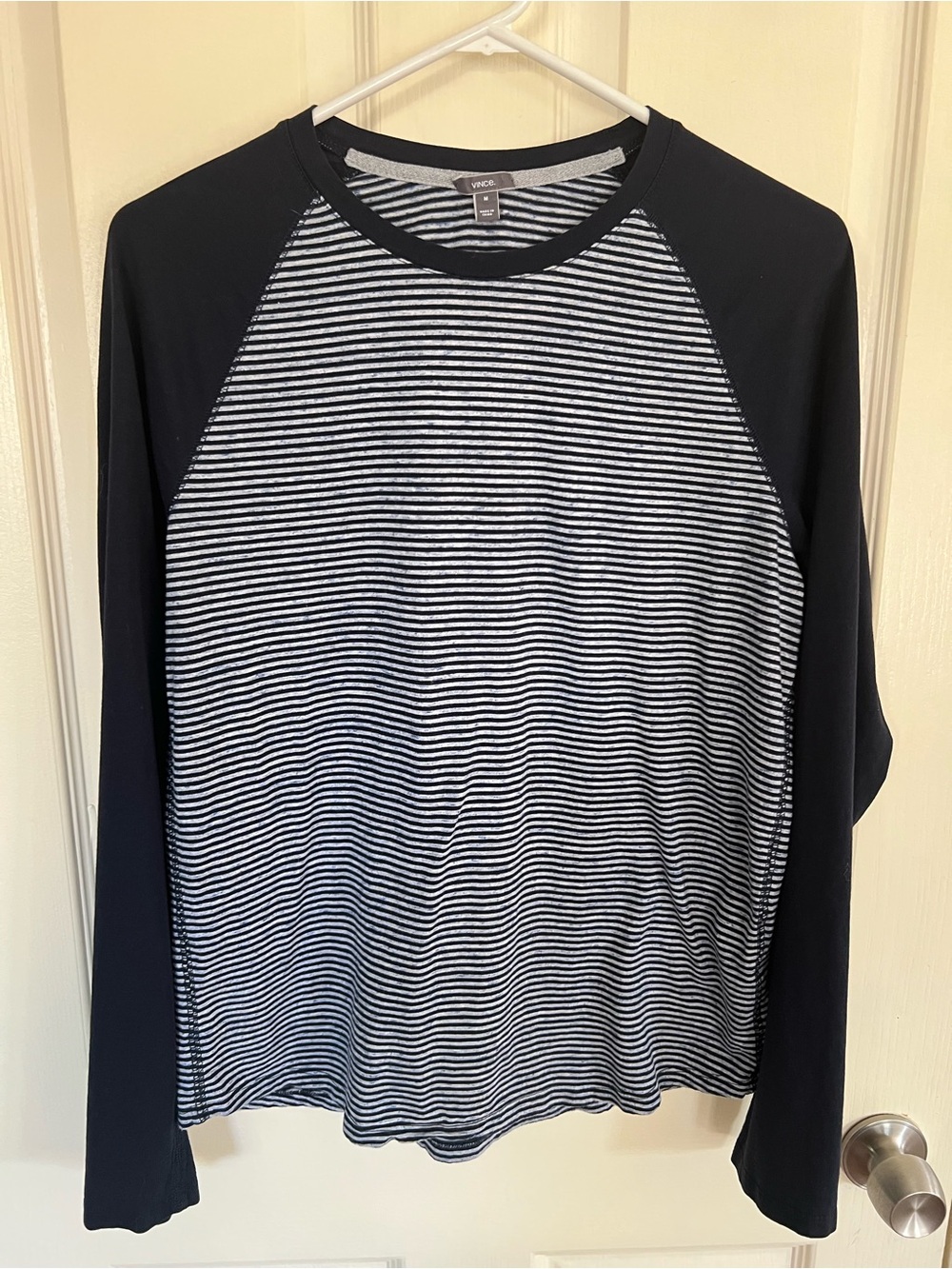Vince Striped Cotton Modal Raglan Long Sleeve Top Navy Gray M